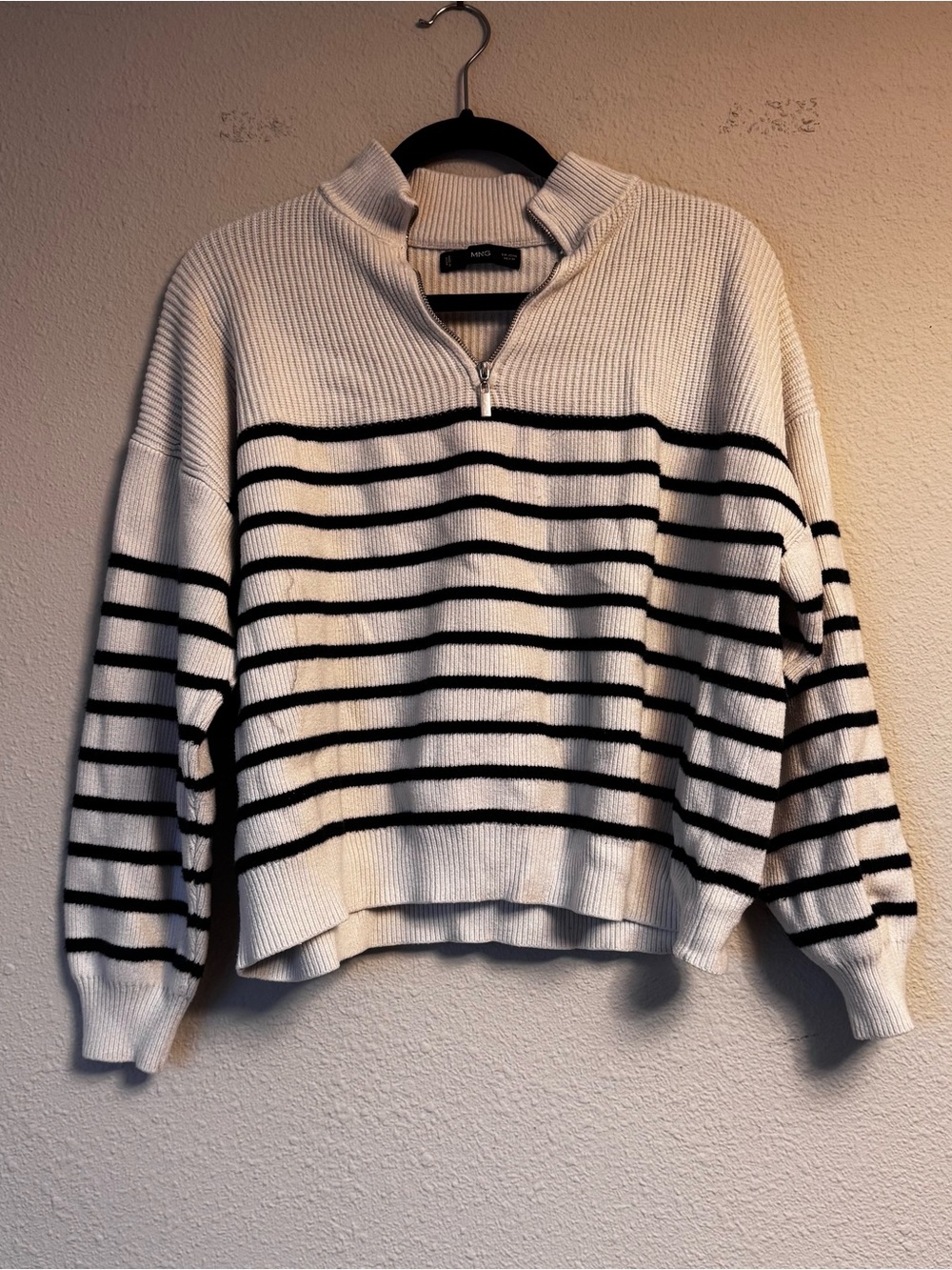Mango White Knit Half-Zip Sweater with Black Stripes